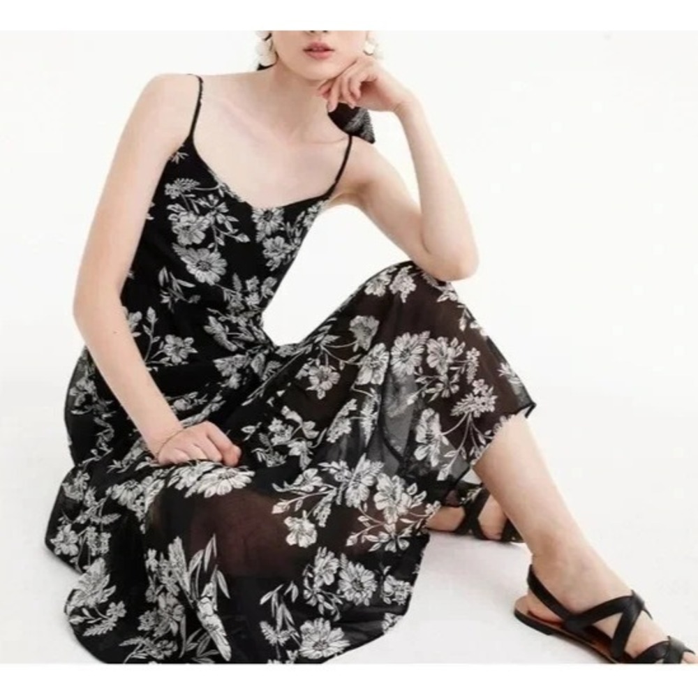 J.Crew Mercantile Floral Tiered Maxi Dress Chiffon J4263 Black & White Size 14 - Picture 15 of 15